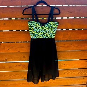 Fun, flirty dress! Black with neon colors and straps. Size Large.